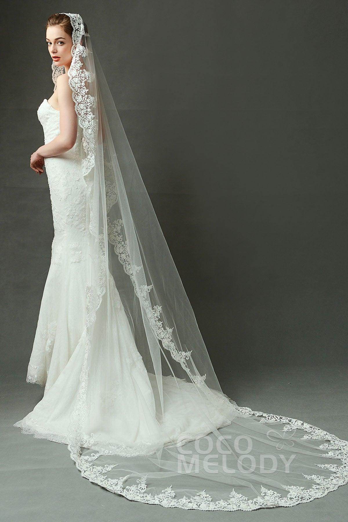 One-tier Lace Edge Tulle Chapel Veils Appliques AV160027 - COCOMELODY